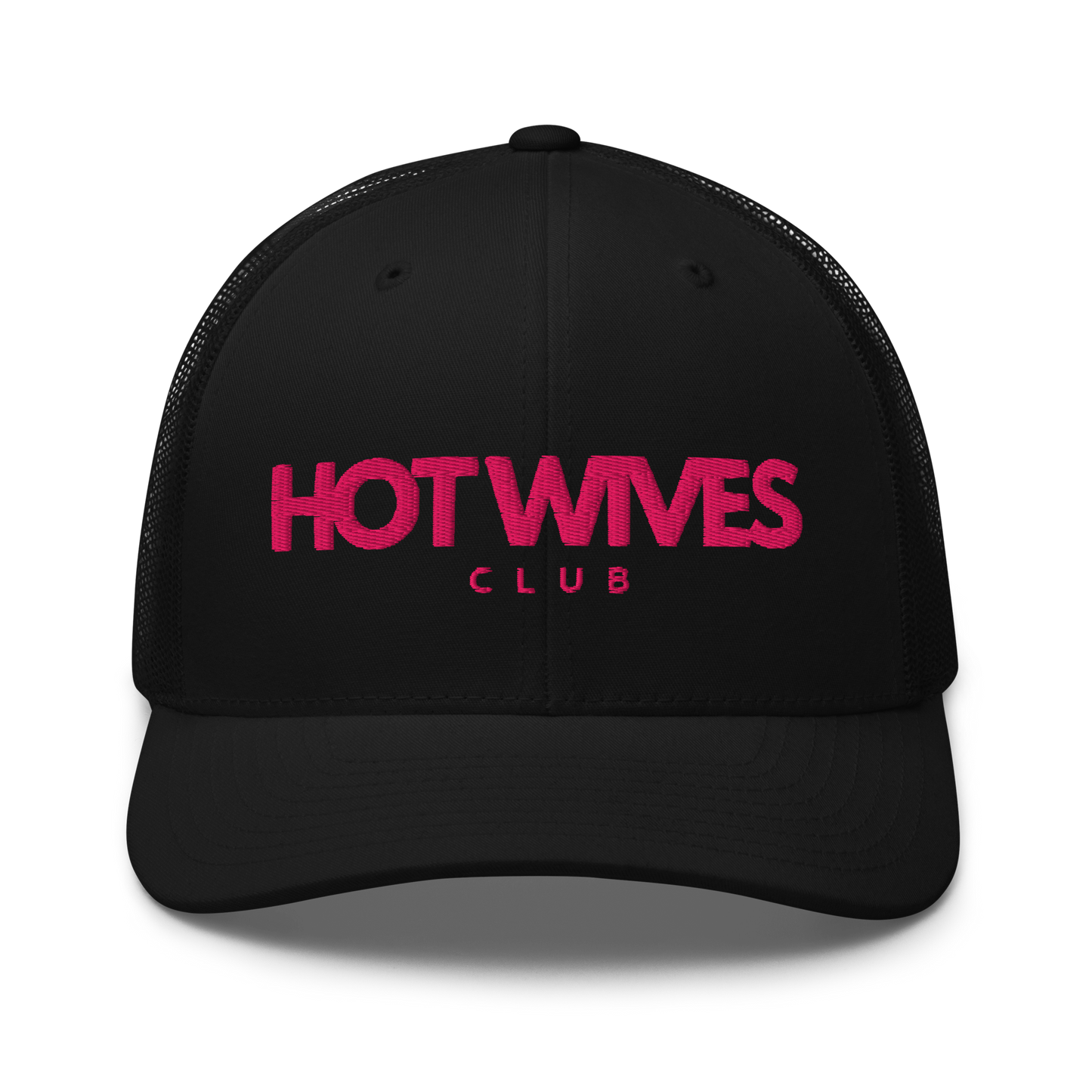 Black cap with 'HOT WIVES CLUB' text in pink on a white background