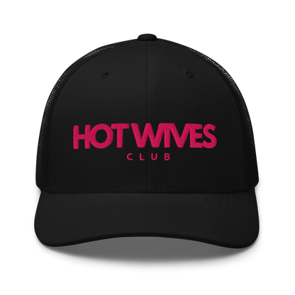 Black cap with 'HOT WIVES CLUB' text in pink on a white background