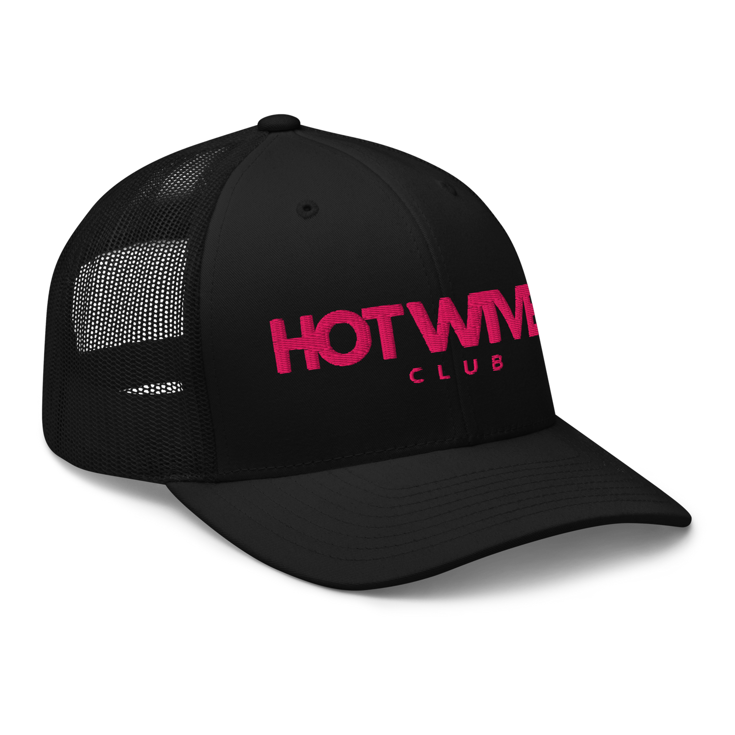 Black cap with pink text 'HOT WIVES CLUB' on a white background